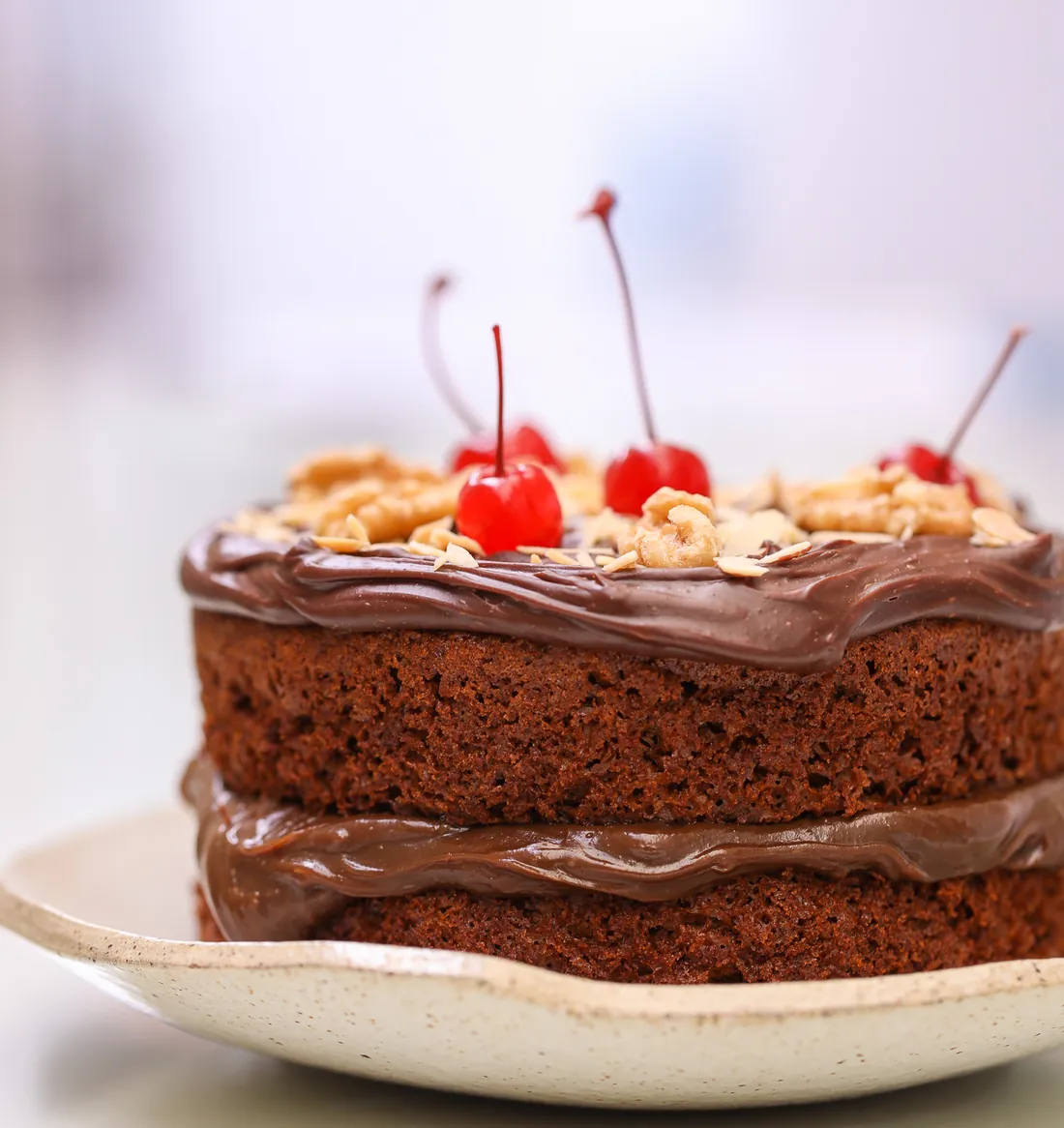 Bolo de chocolate de duas camadas coberto com nuts e cerejas, servido em prato de cerâmica